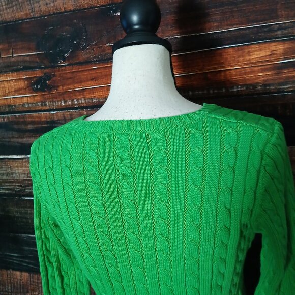 Lauren Ralph Lauren Sweater XS Grass Green 100% Cotton Cable Knit V-Neck - Picture 5 of 10